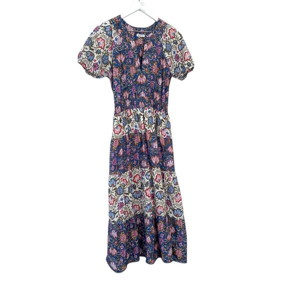 MAISIE Block Print Floral Boho Midi Dress in Ivory & Blue Size Small - Picture 1 of 9